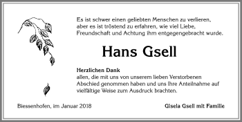 Traueranzeige von Hans Gsell von Allgäuer Zeitung