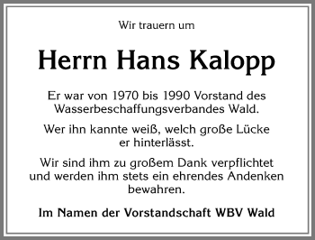 Traueranzeige von Hans Kalopp von Allgäuer Zeitung, Marktoberdorf