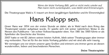 Traueranzeige von Hans Kalopp von Allgäuer Zeitung, Marktoberdorf