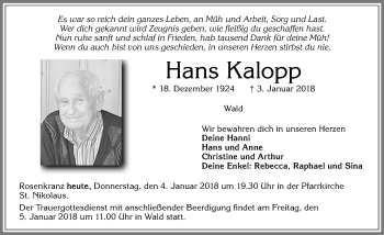 Traueranzeige von Hans Kalopp von Allgäuer Zeitung, Marktoberdorf