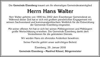 Traueranzeige von Hans Walter von Allgäuer Zeitung, Füssen