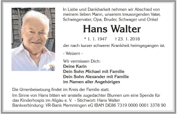 Traueranzeige von Hans Walter von Allgäuer Zeitung, Füssen