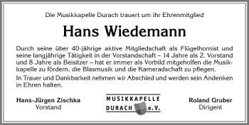 Traueranzeige von Hans Wiedemann von Allgäuer Zeitung,Kempten