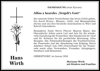 Traueranzeige von Hans Wirth von Allgäuer Anzeigeblatt