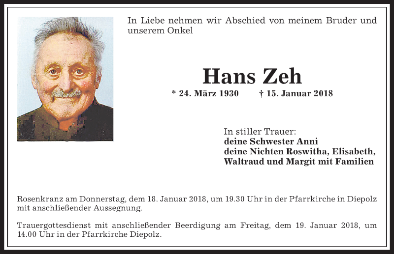 Traueranzeige für Hans Zeh vom 17.01.2018 aus Allgäuer Anzeigeblatt