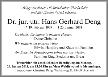 Traueranzeige von Hans Gerhard Deng von Memminger Zeitung