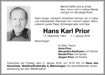 Traueranzeige von Hans Karl Prior von Memminger Zeitung