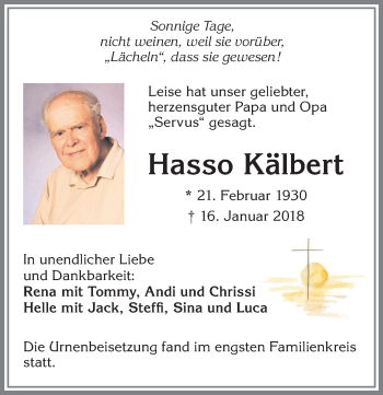 Traueranzeige von Hasso Kälbert von Allgäuer Zeitung, Kaufbeuren/Buchloe