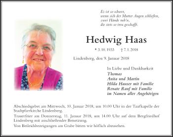 Traueranzeige von Hedwig Haas von Der Westallgäuer
