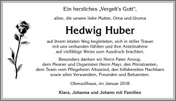 Traueranzeige von Hedwig Huber von Allgäuer Zeitung,Kempten