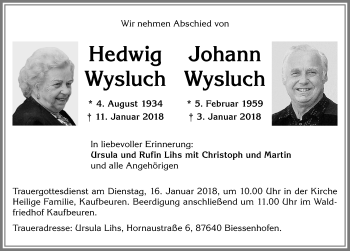 Traueranzeige von Hedwig Wysluch von Allgäuer Zeitung, Kaufbeuren/Buchloe