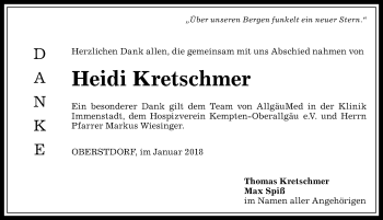 Traueranzeige von Heidi Kretschmer von Allgäuer Anzeigeblatt