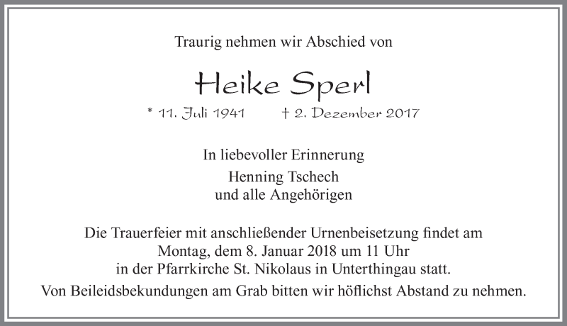  Traueranzeige für Heike Sperl vom 03.01.2018 aus Allgäuer Zeitung, Marktoberdorf