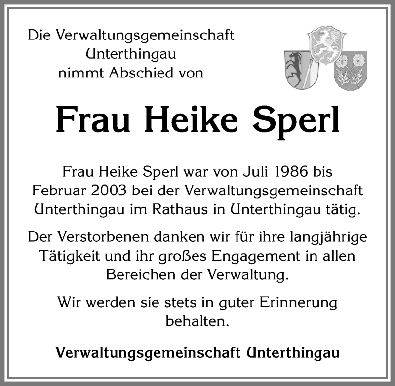  Traueranzeige für Heike Sperl vom 03.01.2018 aus Allgäuer Zeitung, Marktoberdorf