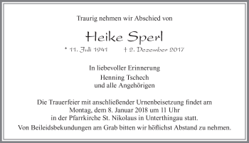 Traueranzeige von Heike Sperl von Allgäuer Zeitung, Marktoberdorf