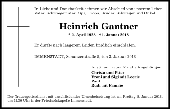 Traueranzeige von Heinrich Gantner von Allgäuer Anzeigeblatt