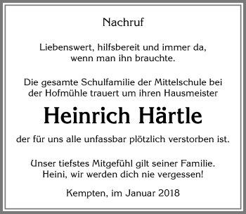 Traueranzeige von Heinrich Härtle von Allgäuer Zeitung,Kempten