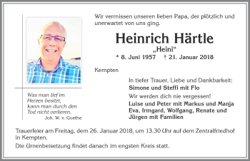Traueranzeige von Heinrich Härtle von Allgäuer Zeitung,Kempten