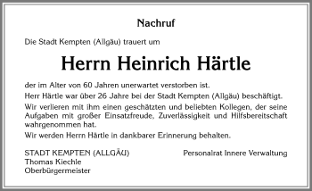 Traueranzeige von Heinrich Härtle von Allgäuer Zeitung,Kempten