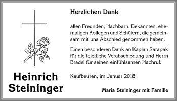 Traueranzeige von Heinrich Steininger von Allgäuer Zeitung, Kaufbeuren/Buchloe