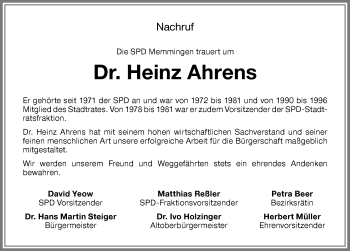 Traueranzeige von Heinz Ahrens von Memminger Zeitung