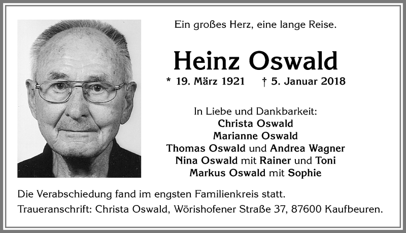  Traueranzeige für Heinz Oswald vom 13.01.2018 aus Allgäuer Zeitung, Kaufbeuren/Buchloe