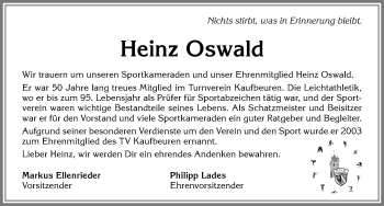 Traueranzeige von Heinz Oswald von Allgäuer Zeitung, Kaufbeuren/Buchloe