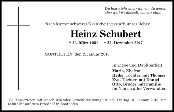 Traueranzeige von Heinz Schubert von Allgäuer Anzeigeblatt