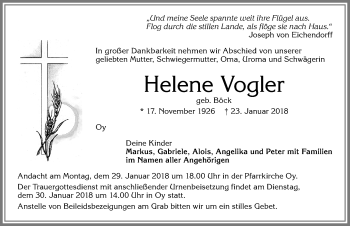 Traueranzeige von Helene Vogler von Allgäuer Zeitung,Kempten