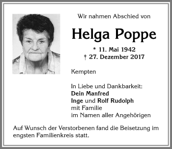 Traueranzeige von Helga Poppe von Allgäuer Zeitung,Kempten