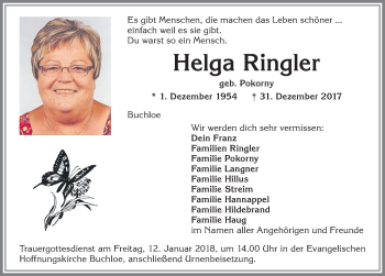 Traueranzeige von Helga Ringler von Allgäuer Zeitung, Kaufbeuren/Buchloe