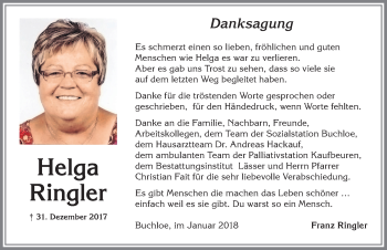Traueranzeige von Helga Ringler von Allgäuer Zeitung, Kaufbeuren/Buchloe