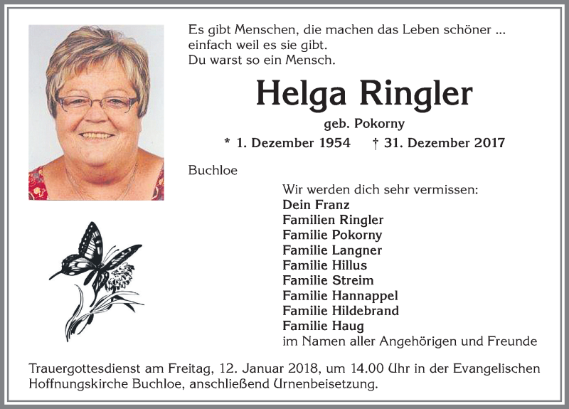  Traueranzeige für Helga Ringler vom 09.01.2018 aus Allgäuer Zeitung, Kaufbeuren/Buchloe