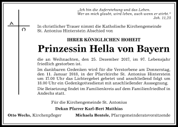 Traueranzeige von Hella von Bayern von Allgäuer Anzeigeblatt