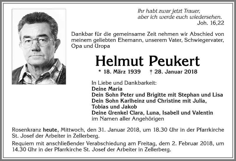  Traueranzeige für Helmut Peukert vom 31.01.2018 aus Allgäuer Zeitung, Kaufbeuren/Buchloe