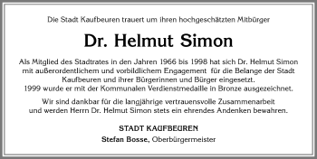 Traueranzeige von Helmut Simon von Allgäuer Zeitung, Kaufbeuren/Buchloe