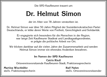 Traueranzeige von Helmut Simon von Allgäuer Zeitung, Kaufbeuren/Buchloe