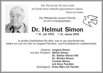 Traueranzeige von Helmut Simon von Allgäuer Zeitung, Kaufbeuren/Buchloe