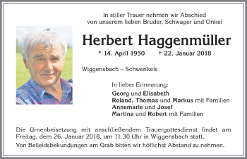 Traueranzeige von Herbert Haggenmüller von Allgäuer Zeitung,Kempten