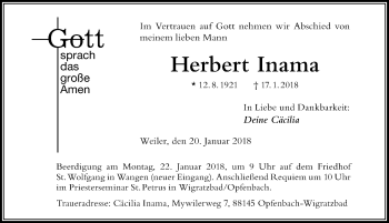 Traueranzeige von Herbert Inama von Der Westallgäuer