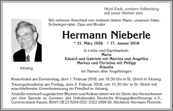 Traueranzeige von Hermann Nieberle von Allgäuer Zeitung