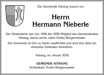 Traueranzeige von Hermann Nieberle von Allgäuer Zeitung, Marktoberdorf