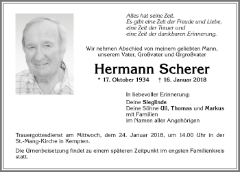 Traueranzeige von Hermann Scherer von Allgäuer Zeitung,Kempten