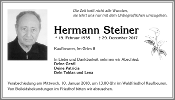 Traueranzeige von Hermann Steiner von Allgäuer Zeitung, Kaufbeuren/Buchloe