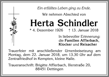 Traueranzeige von Herta Schindler von Allgäuer Zeitung,Kempten