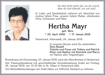 Traueranzeige von Hertha Mayr von Allgäuer Zeitung, Marktoberdorf
