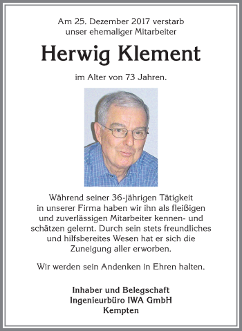 Traueranzeige von Herwig Klement von Allgäuer Zeitung,Kempten