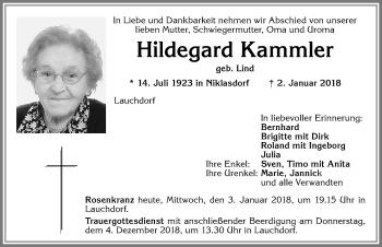 Traueranzeige von Hildegard Kammler von Allgäuer Zeitung, Kaufbeuren/Buchloe