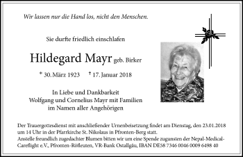 Traueranzeige von Hildegard Mayr von Allgäuer Zeitung, Füssen