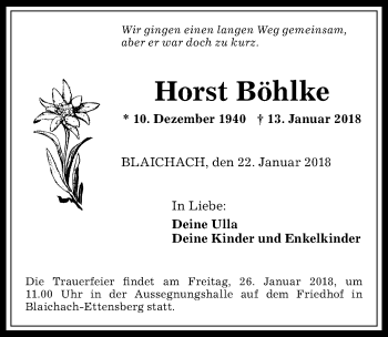 Traueranzeige von Horst Böhlke von Allgäuer Anzeigeblatt